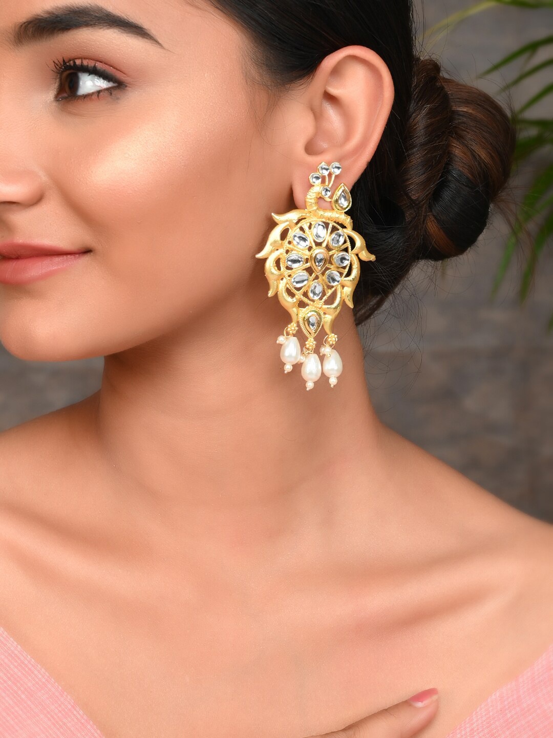 

Silvermerc Designs Gold-Plated & White Kundan Studded Drop Earrings