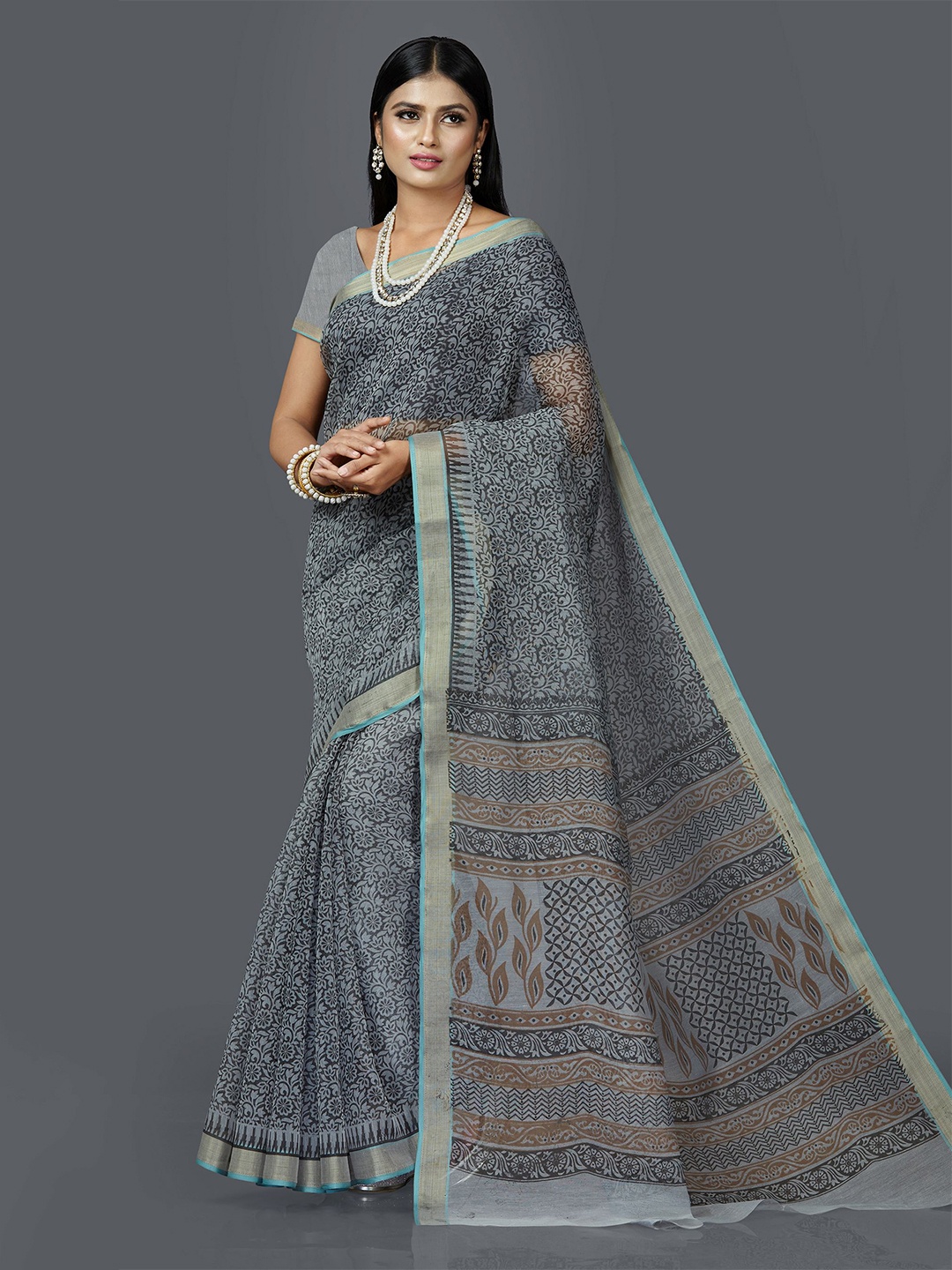

SHANVIKA Blue & Grey Floral Block Print Saree
