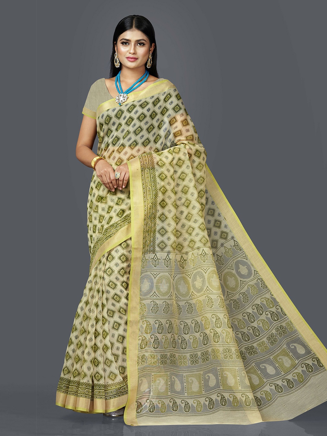 

SHANVIKA Gadwal Geometric Print Saree, Beige