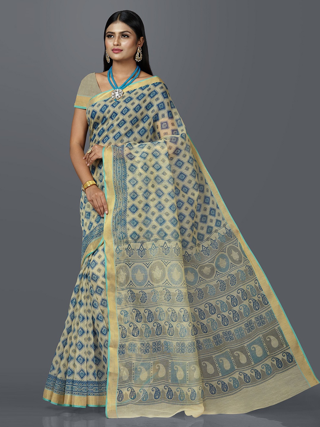 

SHANVIKA Beige & Blue Ethnic Motifs Zari Ready to Wear Block Printed Saree