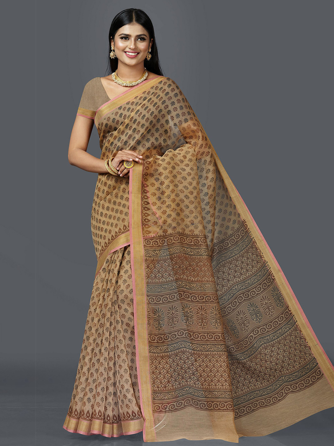 

SHANVIKA Brown & Gold-Toned Ethnic Motifs Block Print Saree