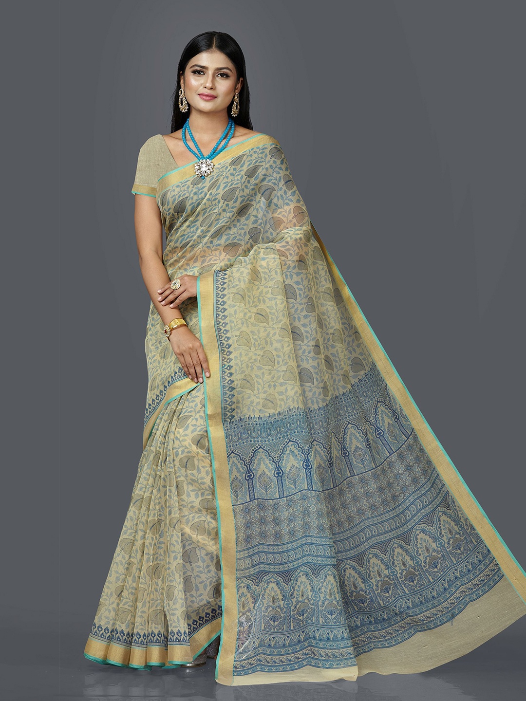 

SHANVIKA Gadwal Floral Gadwal Print Saree, Beige