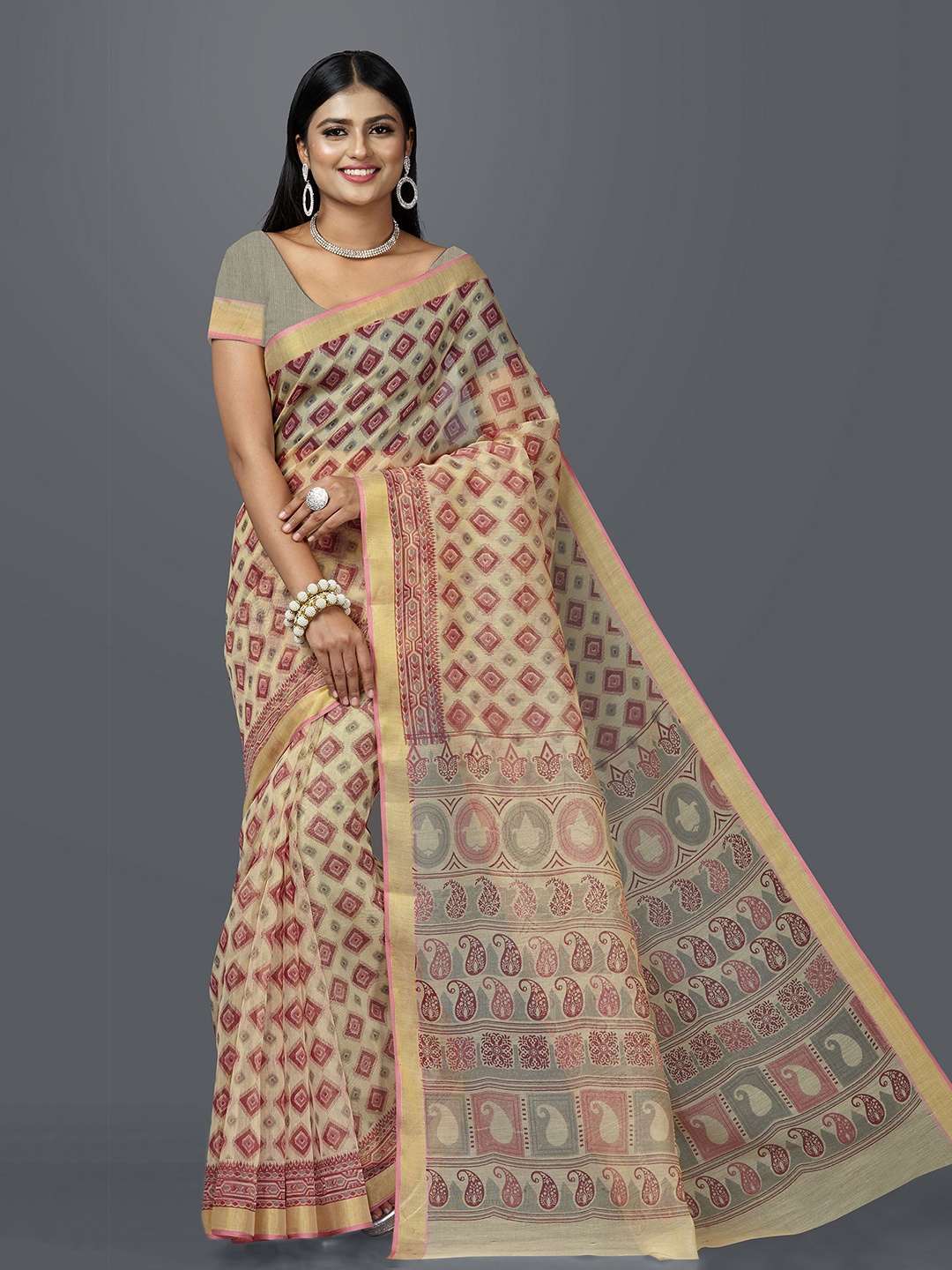 

SHANVIKA Beige & Pink Zari Block Print Saree