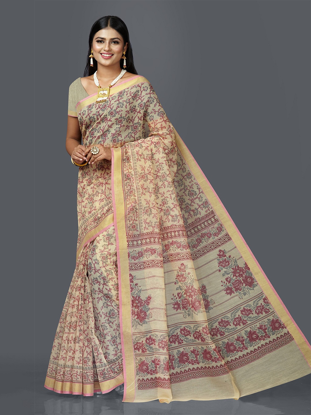 

SHANVIKA Beige & Pink Floral Ready to Wear Block Printed Saree