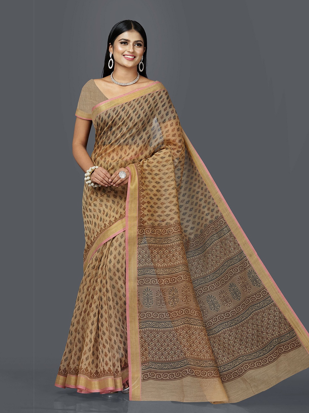 

SHANVIKA Brown & Gold-Toned Ethnic Motifs Block Print Saree