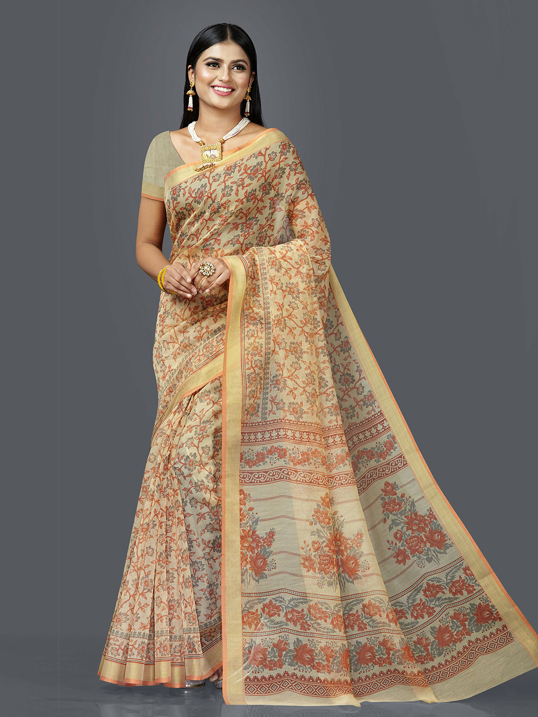 

SHANVIKA Floral Gadwal Print Saree, Beige