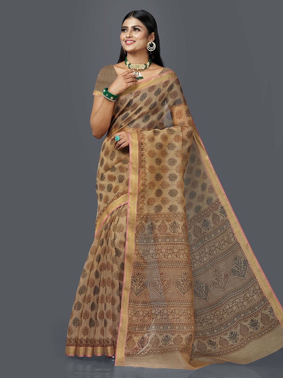 

SHANVIKA Brown & Gold Ethnic Motifs Cotton Blend Block Print Saree