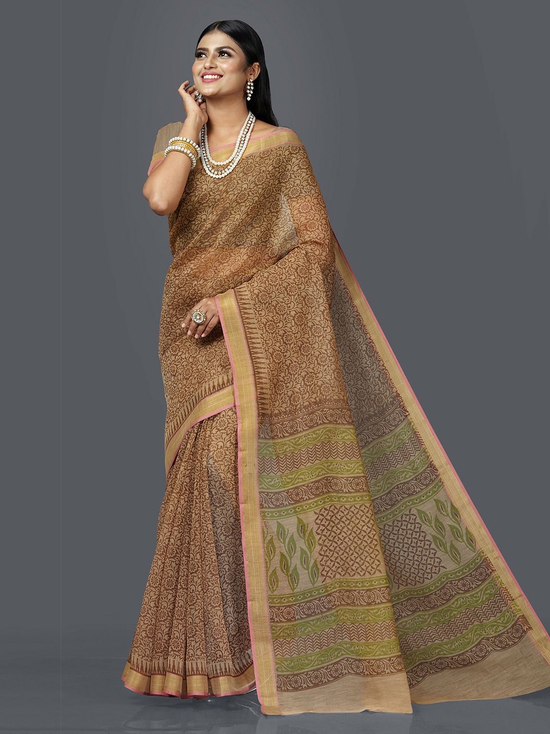 

SHANVIKA Brown & Green Floral Block Print Saree