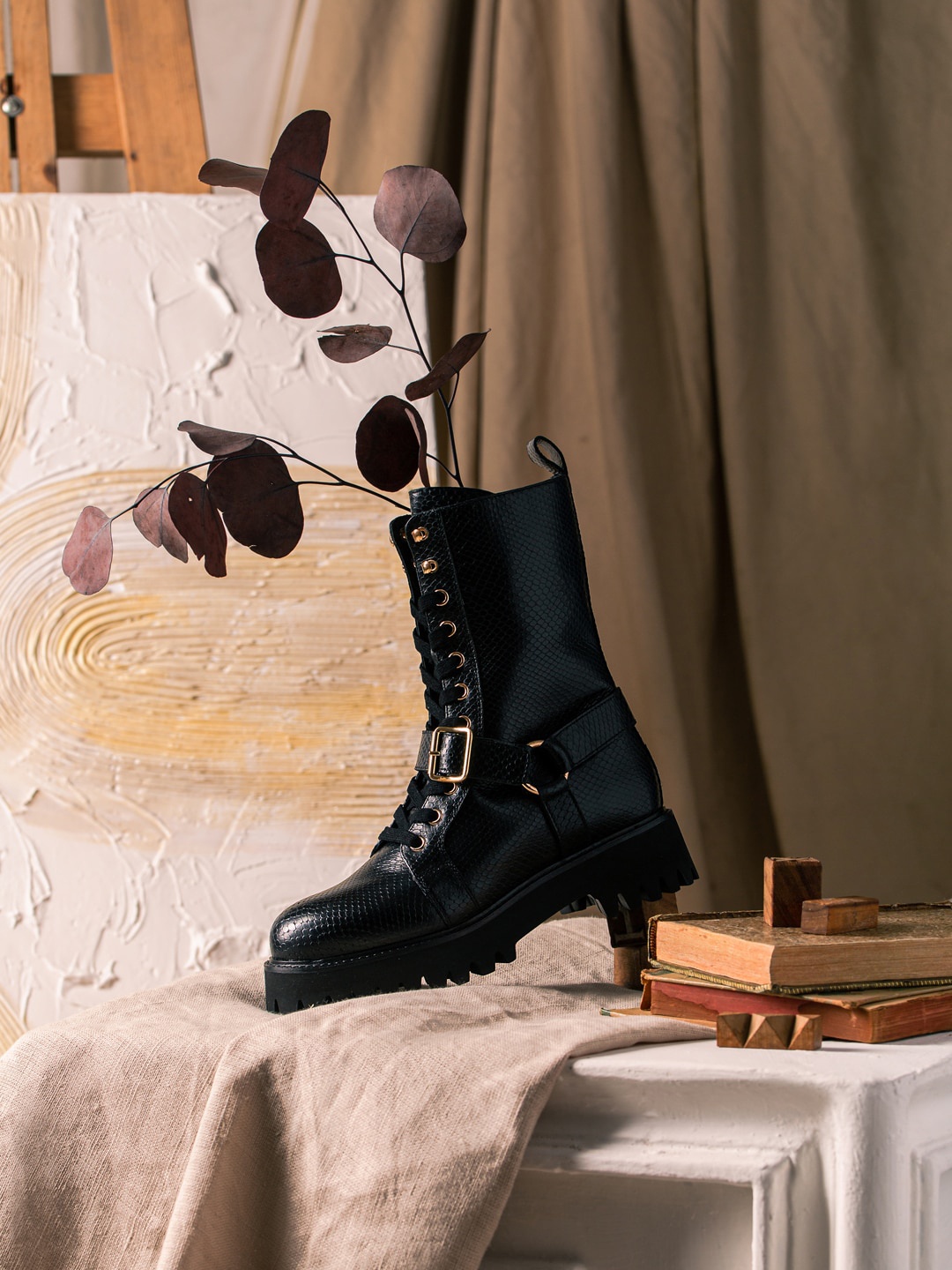 

"Saint G Black Leather Lace Up Mid-Top Regular Block Heels Boots