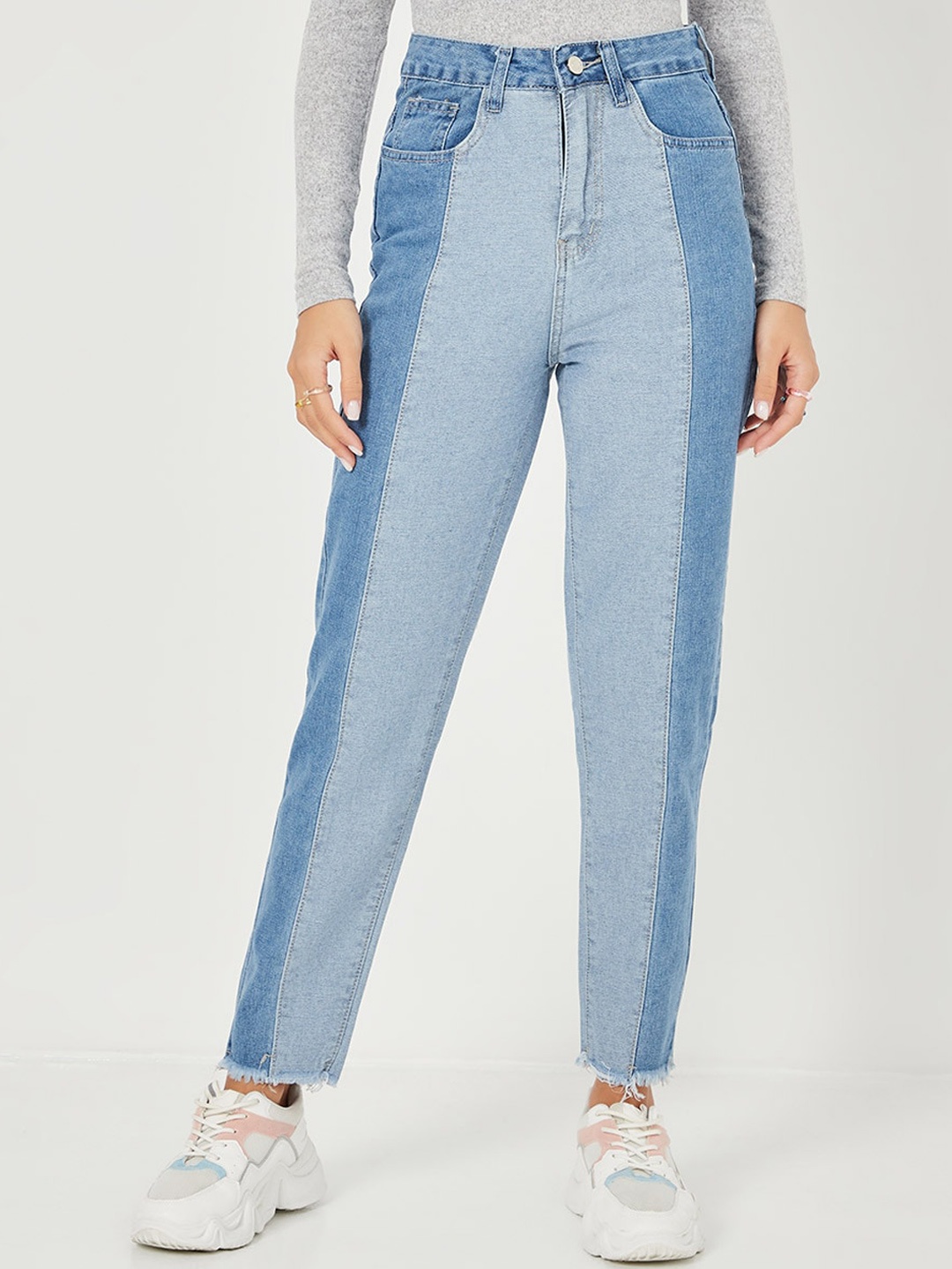 

Styli Women Blue High Rise Colorblock Panelled Mom Jeans