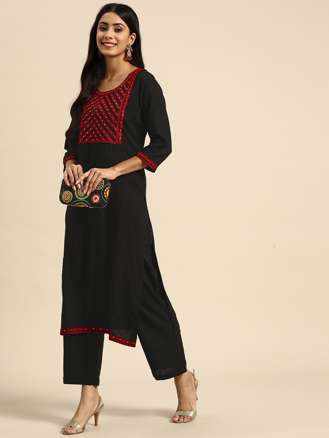 

GERUA Women Black & Red Yoke Design Mirror Work Kurta