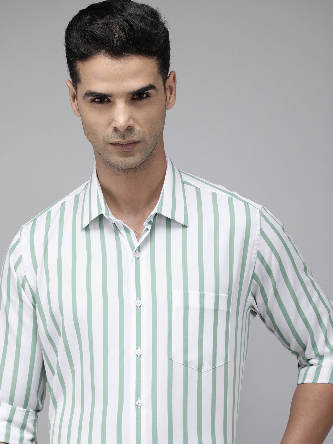 

Van Heusen Men Green & White Slim Fit Striped Pure Cotton Formal Shirt