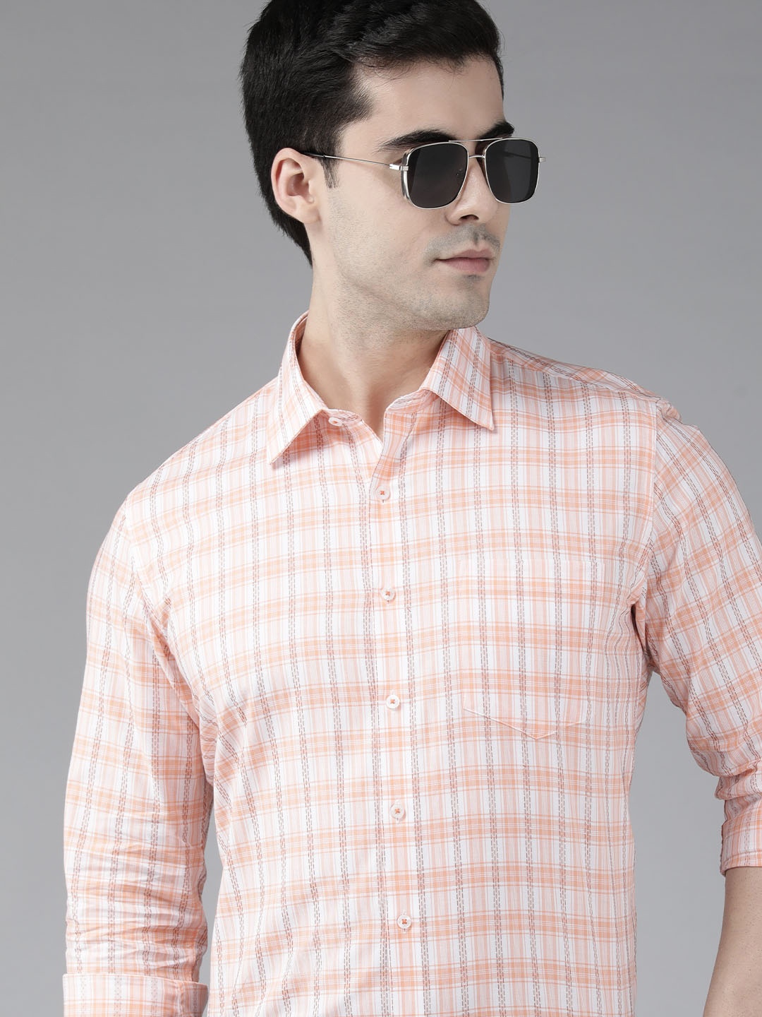 

Van Heusen Men Slim Fit Tartan Checks Pure Cotton Formal Shirt, Orange