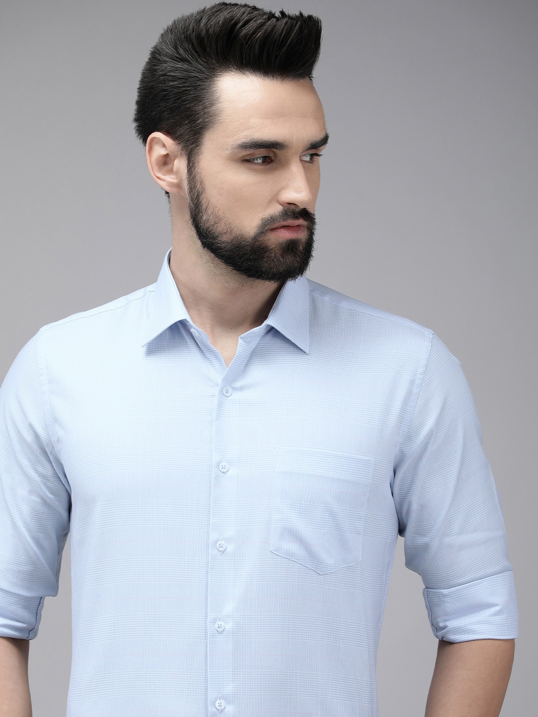 

Van Heusen Men Light Blue & White Slim Fit Checked Pure Cotton Formal Shirt