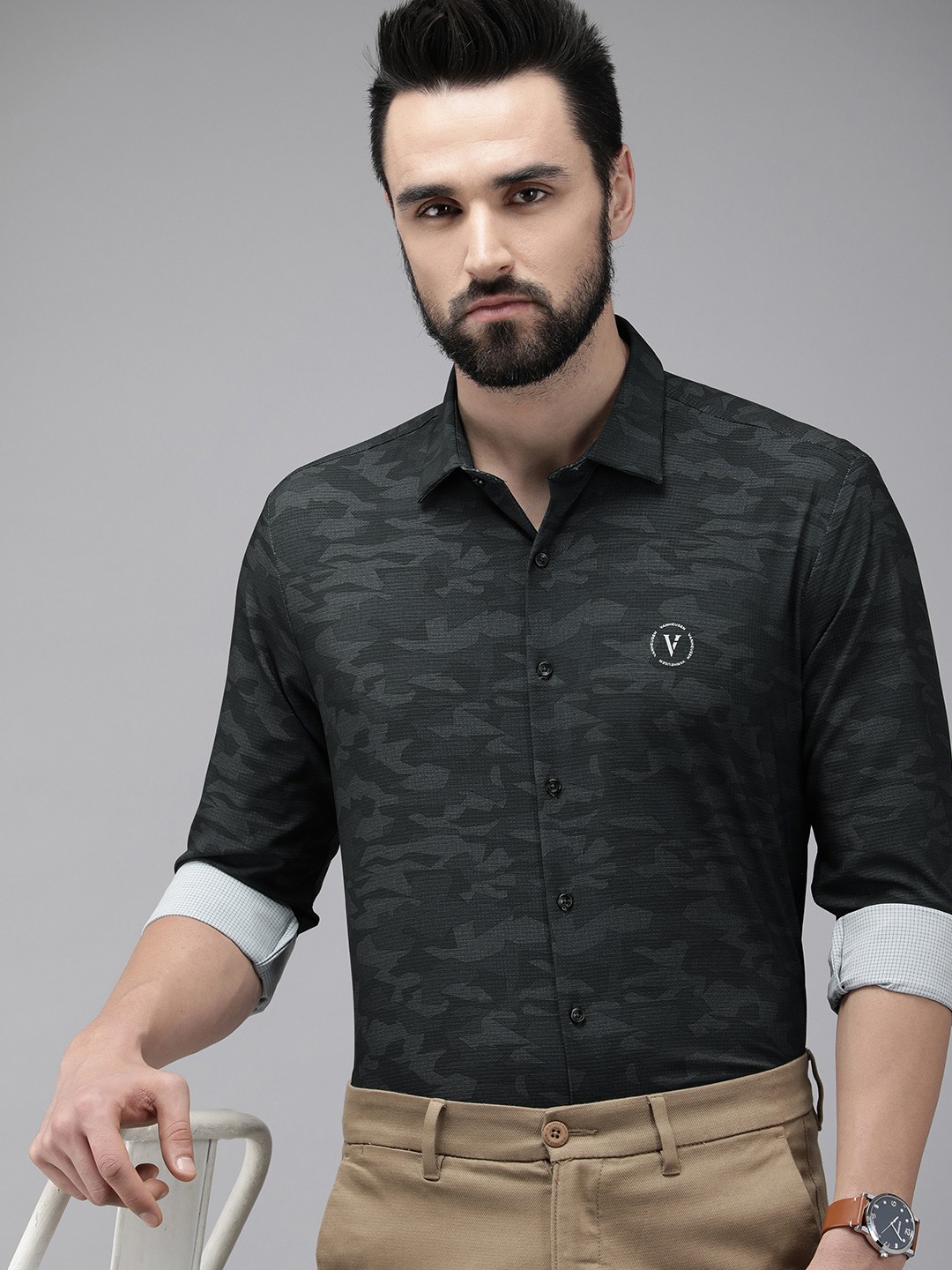 

Van Heusen Men Charcoal Camouflage Printed Grey Slim Fit Casual Shirt