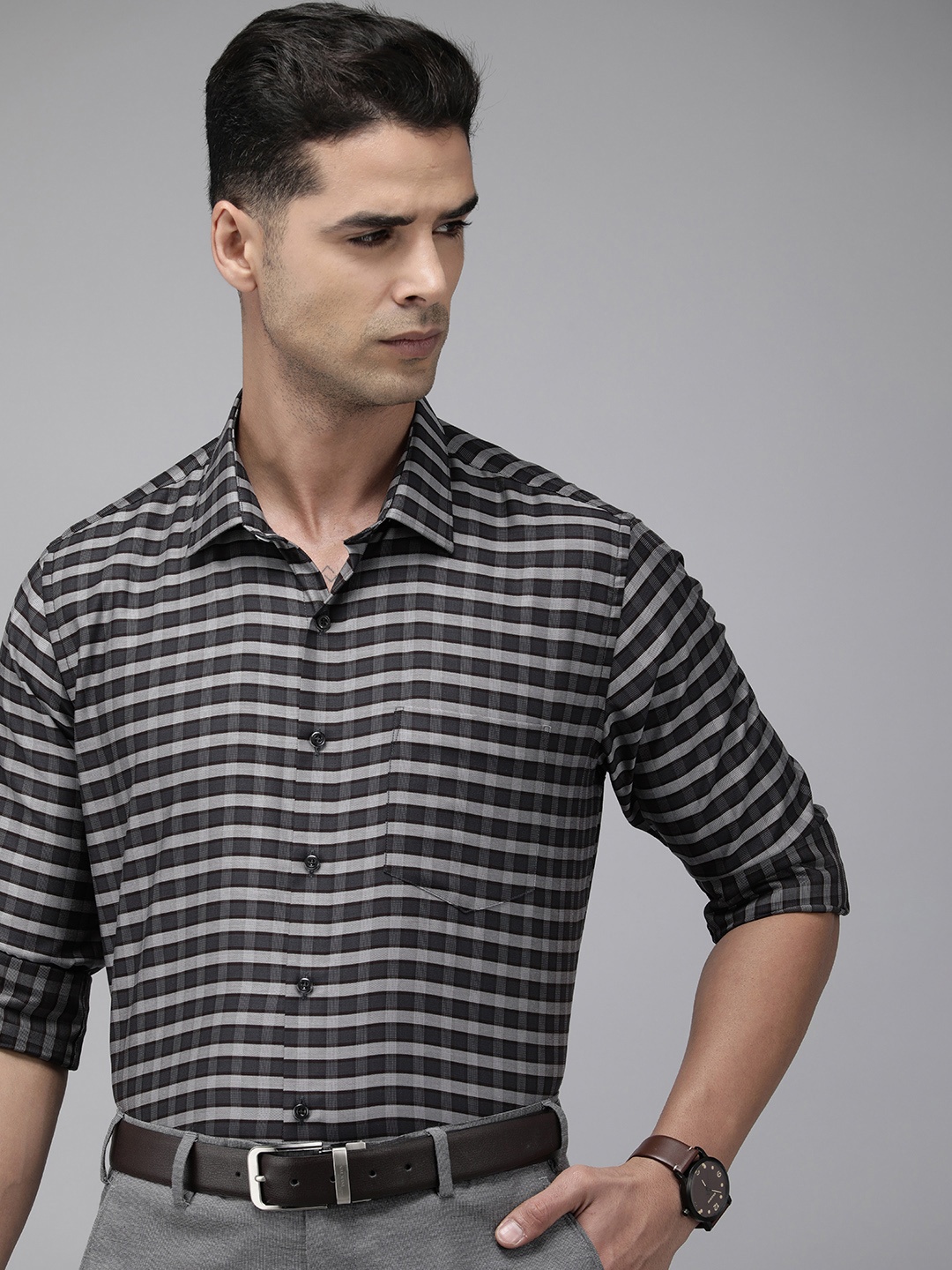 

Van Heusen Men Brown & Grey Slim Fit Checked Pure Cotton Formal Shirt