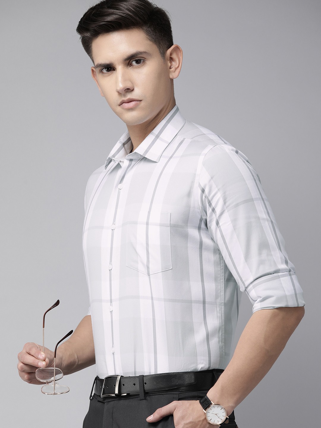 

Van Heusen Men Slim Fit Checked Pure Cotton Formal Shirt, Grey