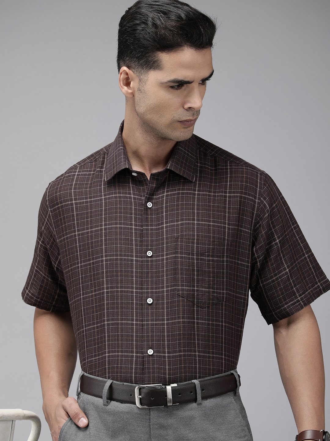 

Van Heusen Men Brown & Grey Checked Linen Cotton Formal Shirt