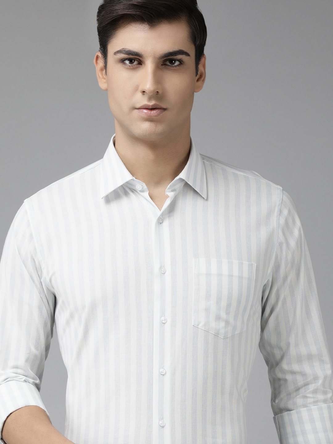 

Van Heusen Men Grey Slim Fit Bengal Stripes Opaque Pure Cotton Formal Shirt