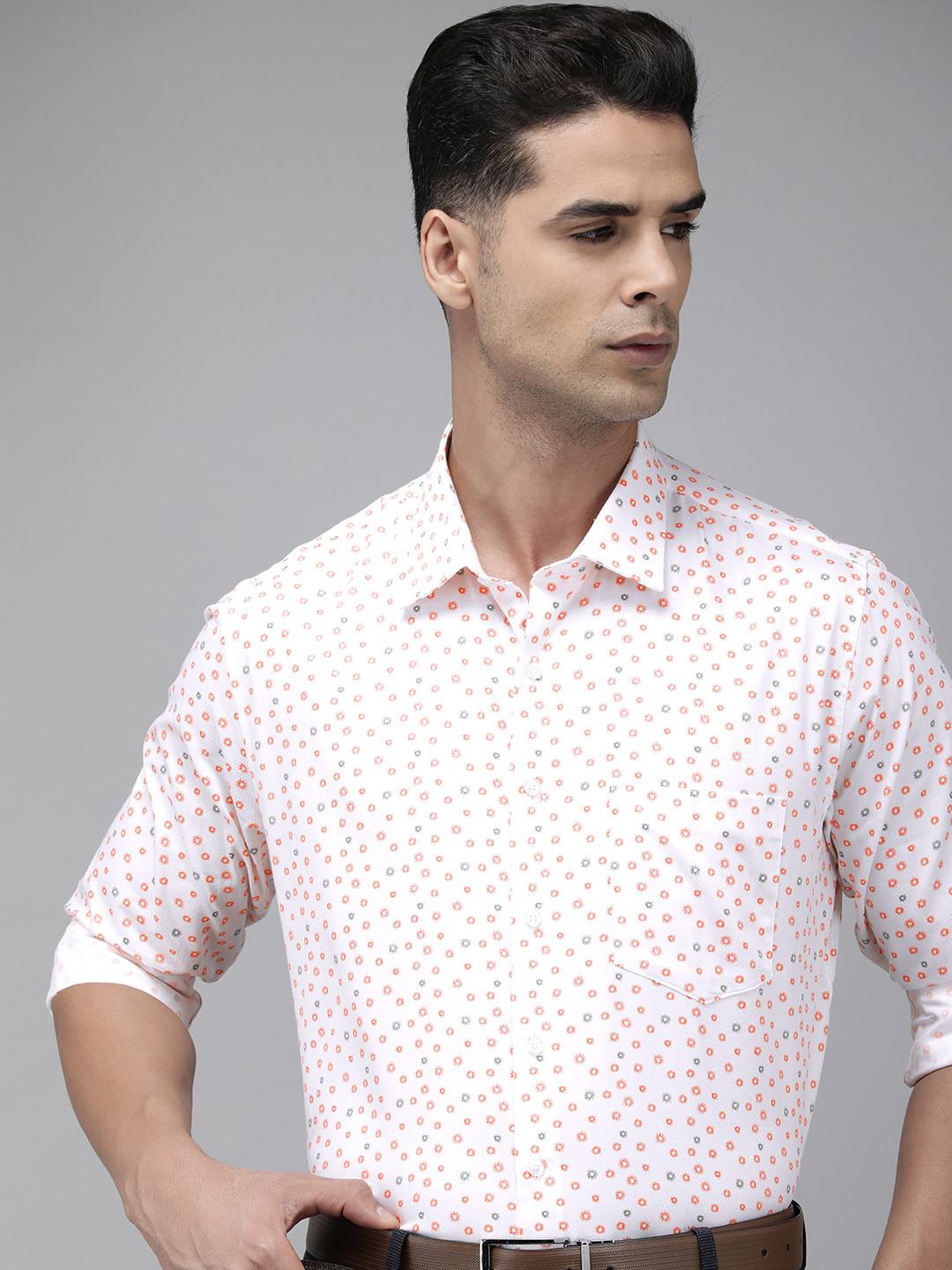 

Van Heusen Men White & Orange Slim Fit Graphic Printed Pure Cotton Formal Shirt
