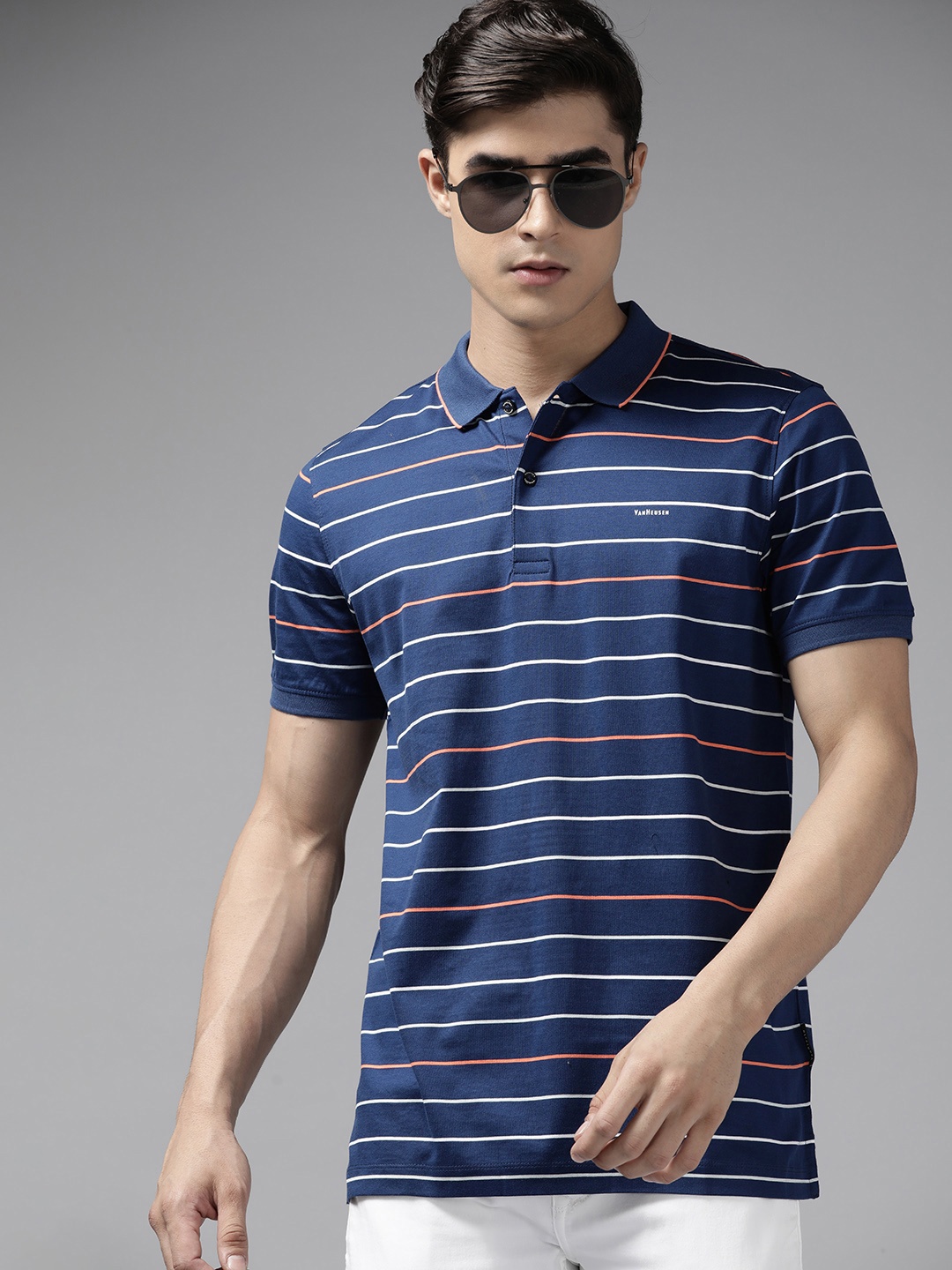 

Van Heusen Men Navy Blue Striped Pure Cotton Slim Fit Polo T-shirt