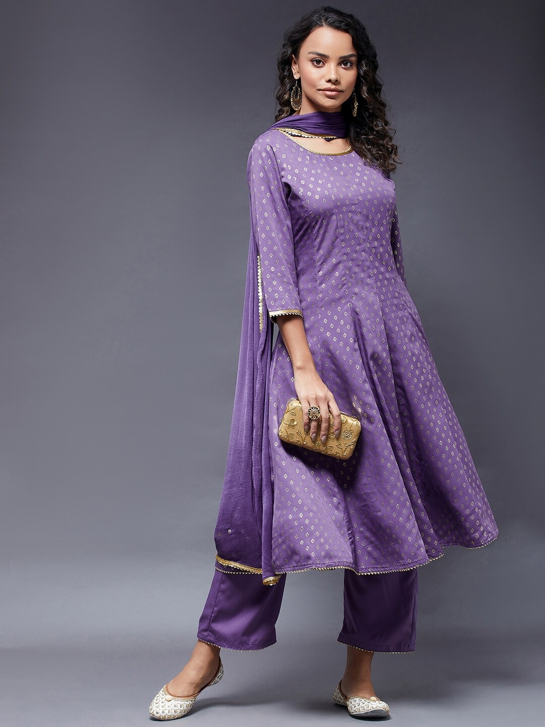 

Azira Women Purple Printed Kurta with Trousers & Dupatta