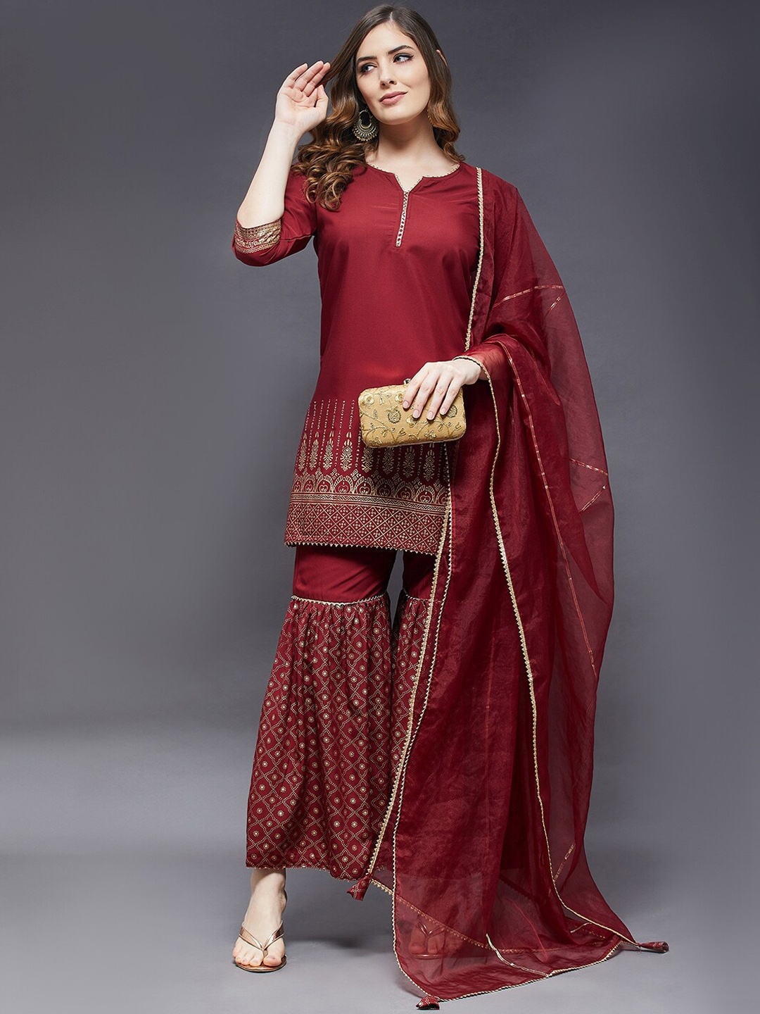

Azira Women Maroon Printed Kurta with Sharara & Dupatta