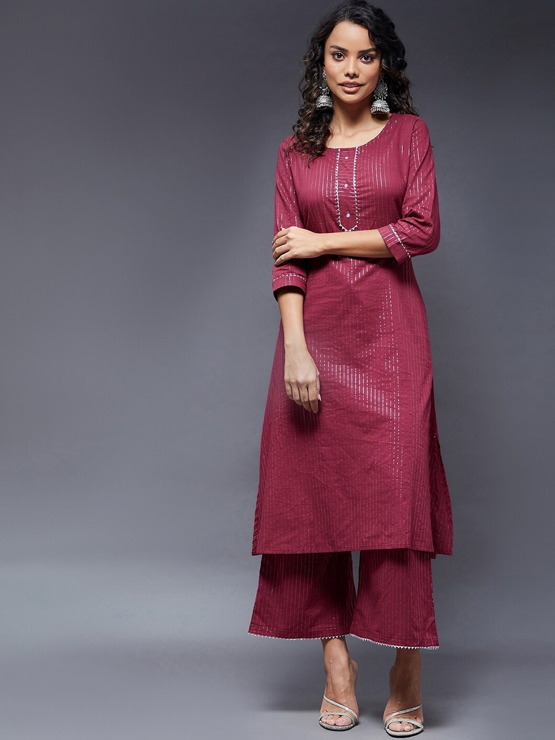 

Azira Women Maroon Striped Pure Cotton Kurta with Palazzos