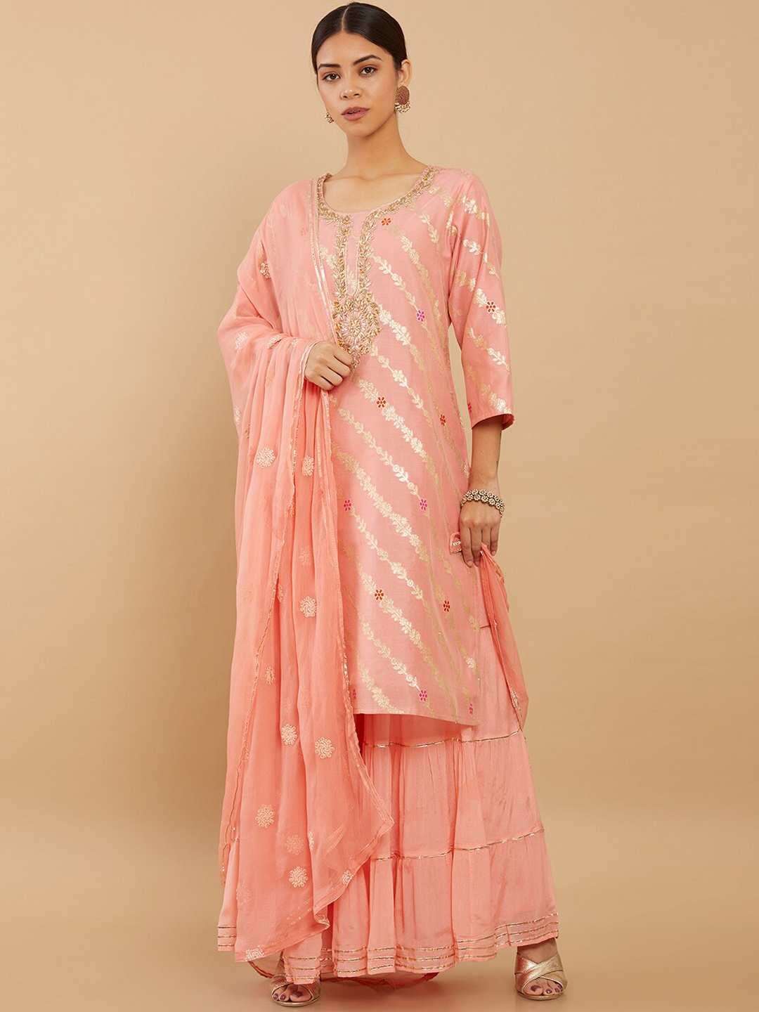 

Soch Women Peach-Coloured Floral Embroidered Pure Silk Kurta with Sharara & Dupatta