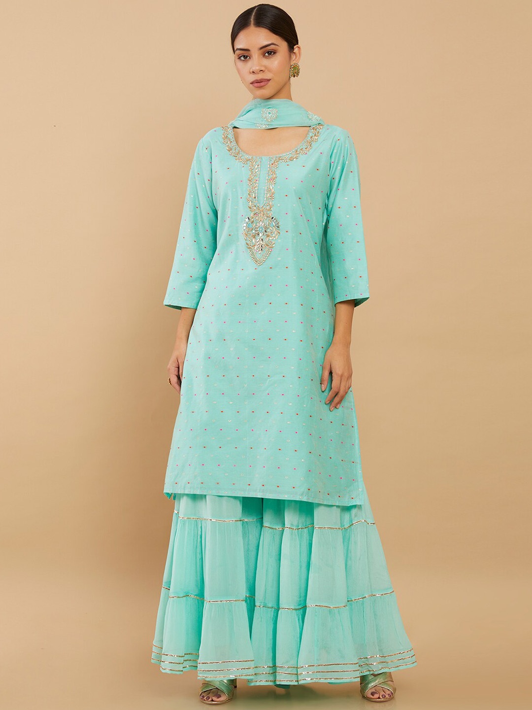 

Soch Women Blue Floral Embroidered Pure Silk Kurta with Sharara & Dupatta