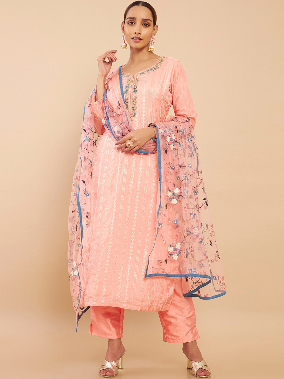 

Soch Women Peach-Coloured Floral Embroidered Pure Silk Kurta with Trousers & Dupatta