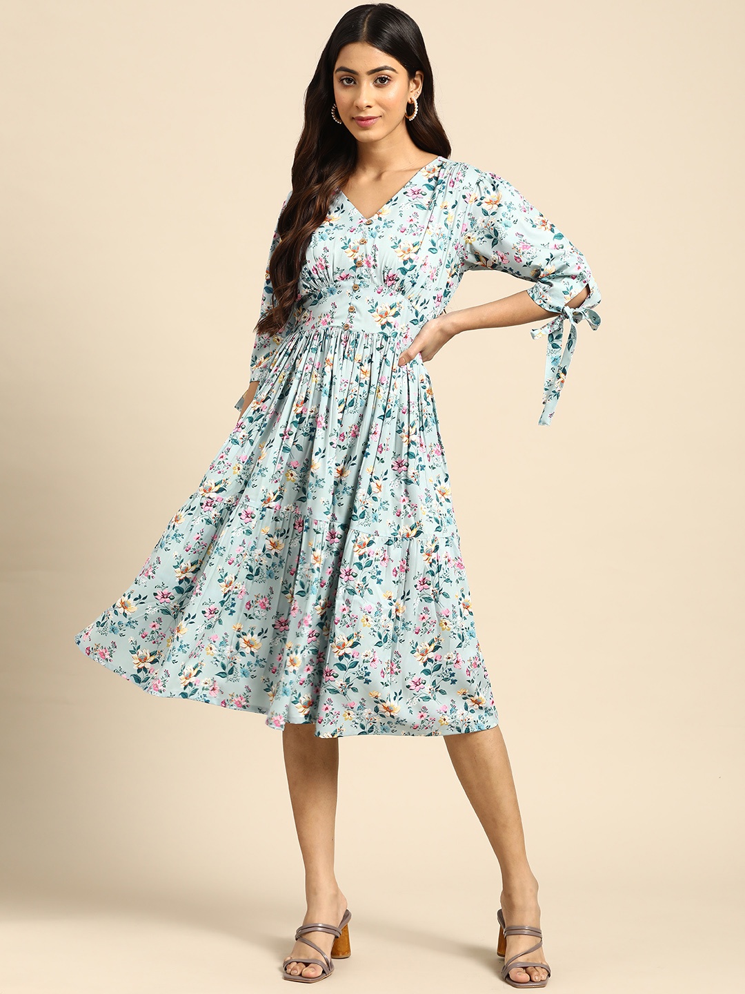 

Janasya Women Blue Floral PrintFit & Flare Midi Dres