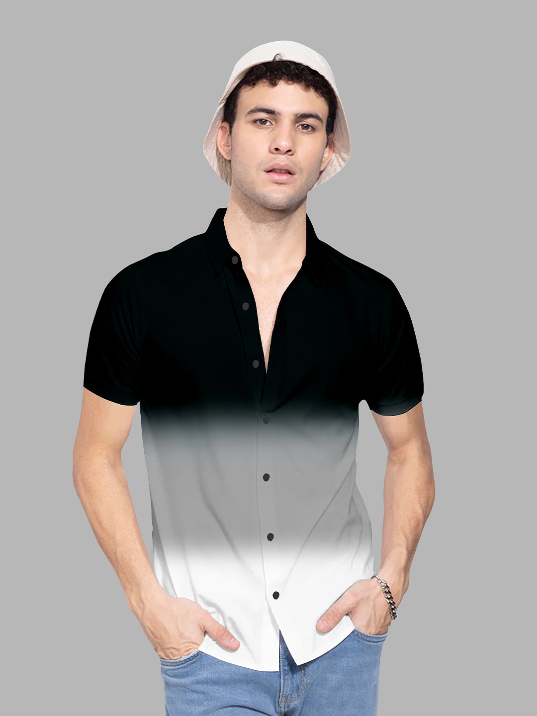 

Fashion FRICKS Men Black Standard Ombre Faded Casual Shirt