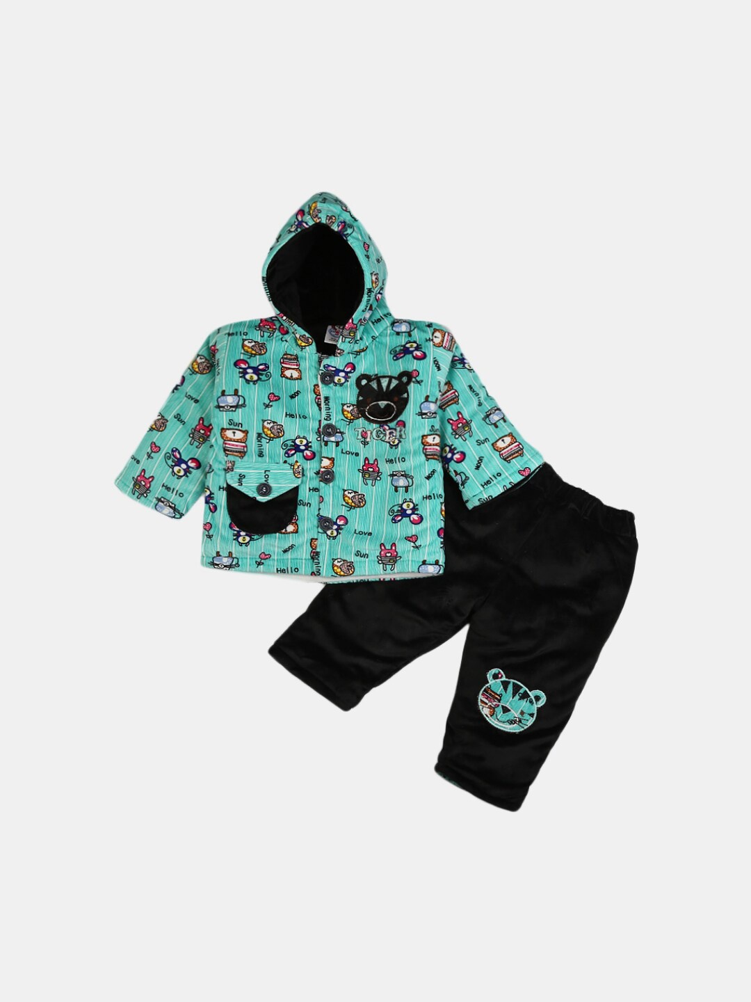 

V-Mart Infant Green & Black Printed Hooded Woollen Shirt with Pyjama Set