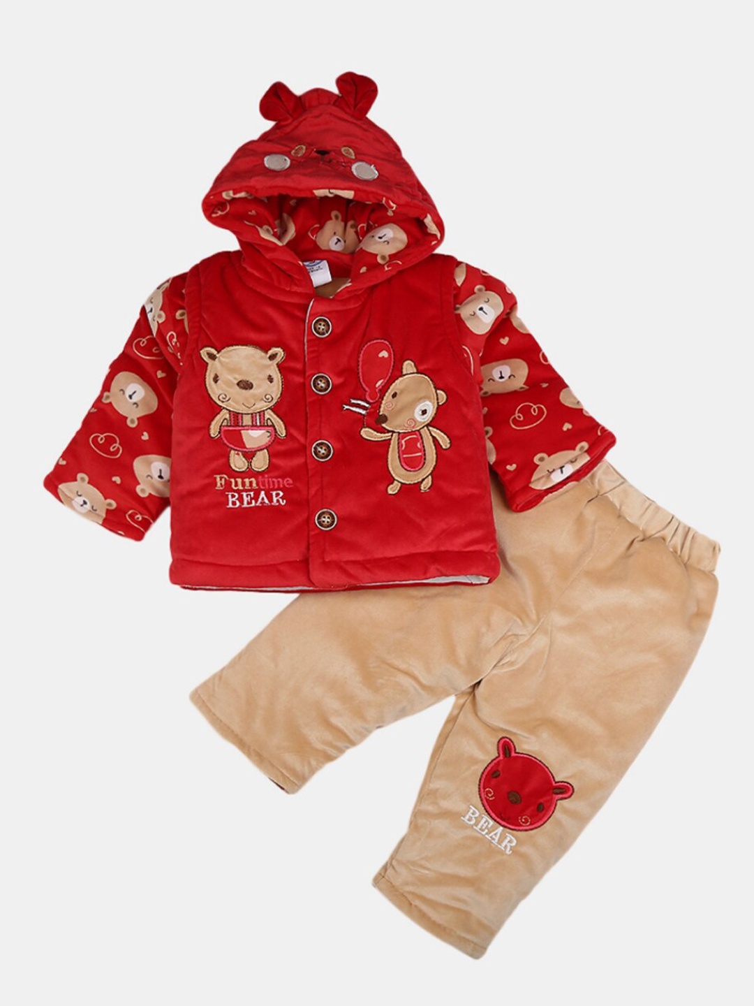 

V-Mart Kids Red & Cream Self Design Hooded Sweatshirt with Trousers