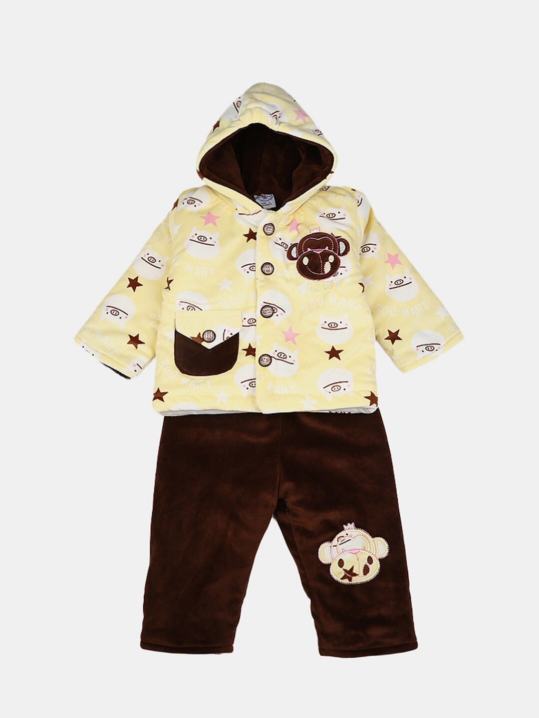 

V-Mart Unisex Kids Yellow & Brown Hooded Pure Cotton T-shirt with Pyjamas