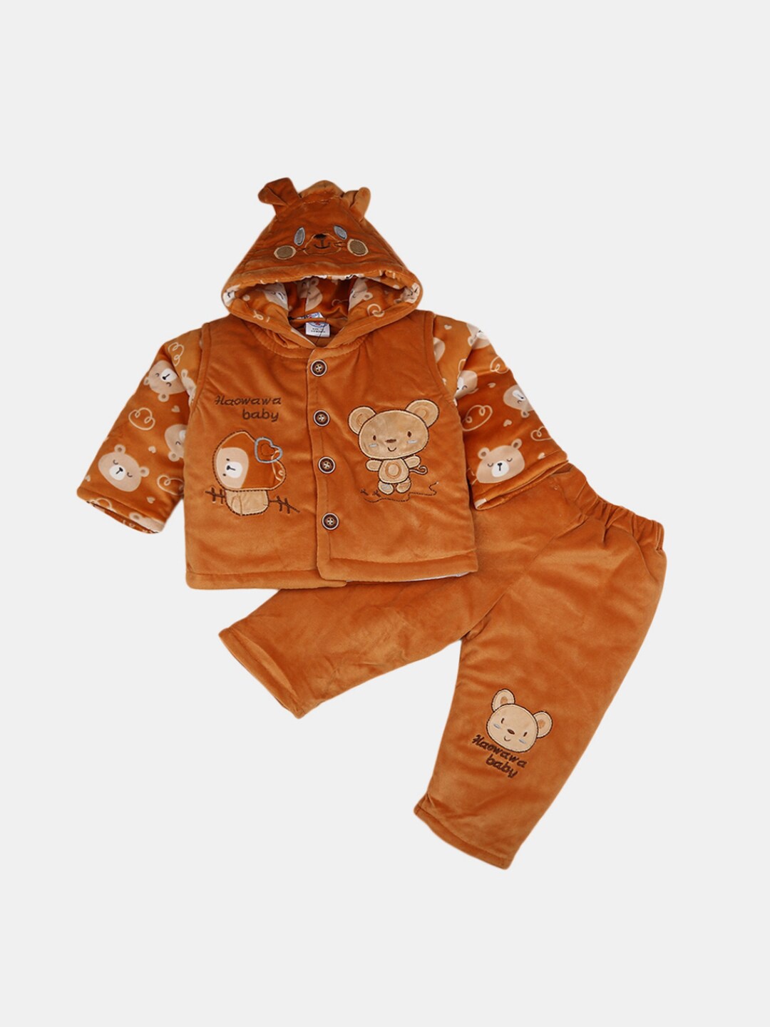 

V-Mart Unisex Kids Brown & Beige Hooded Pure Cotton Shirt with Pyjamas