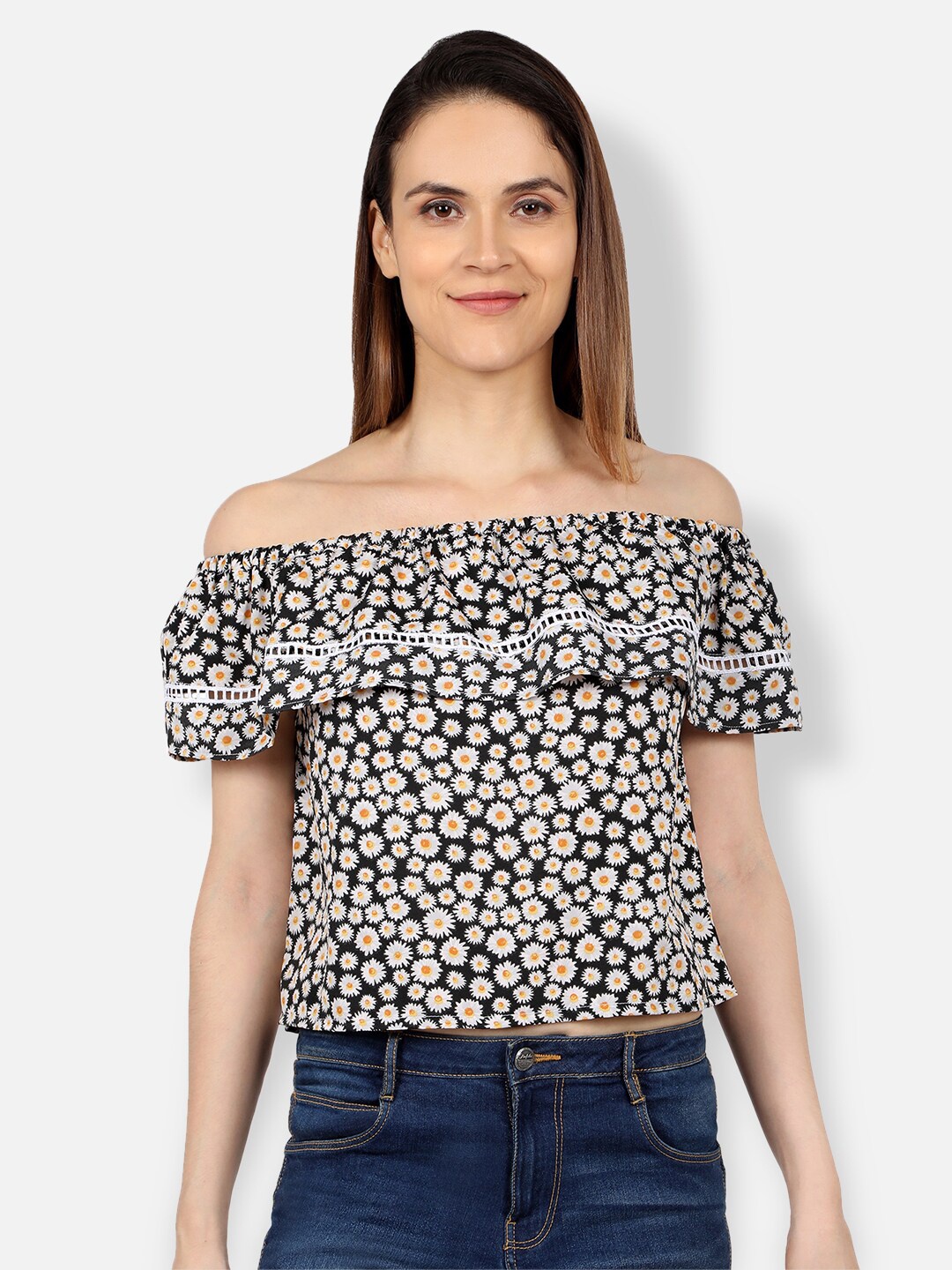 

Ashtag Black & White Floral Print Off-Shoulder Bardot Crop Top