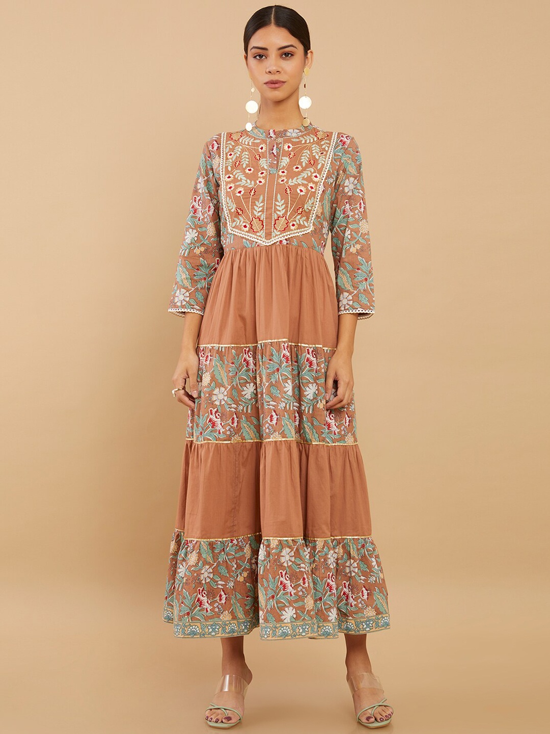 

Soch Women Brown Floral Yoke Design Keyhole Neck Gotta Patti Anarkali Ethnic dress