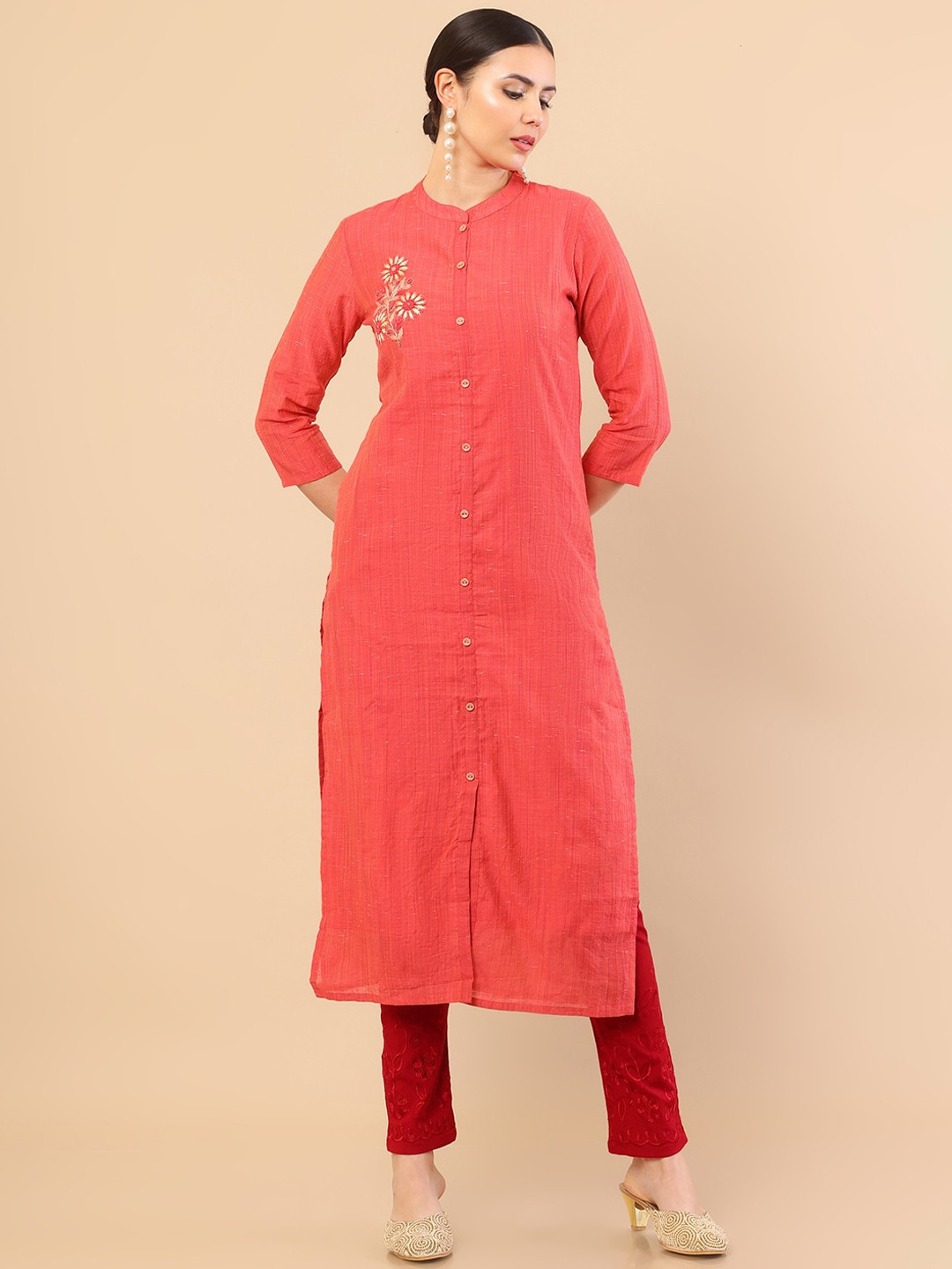 

Soch Women Red Solid Embroidered Thread Work Cotton Silk Kurta