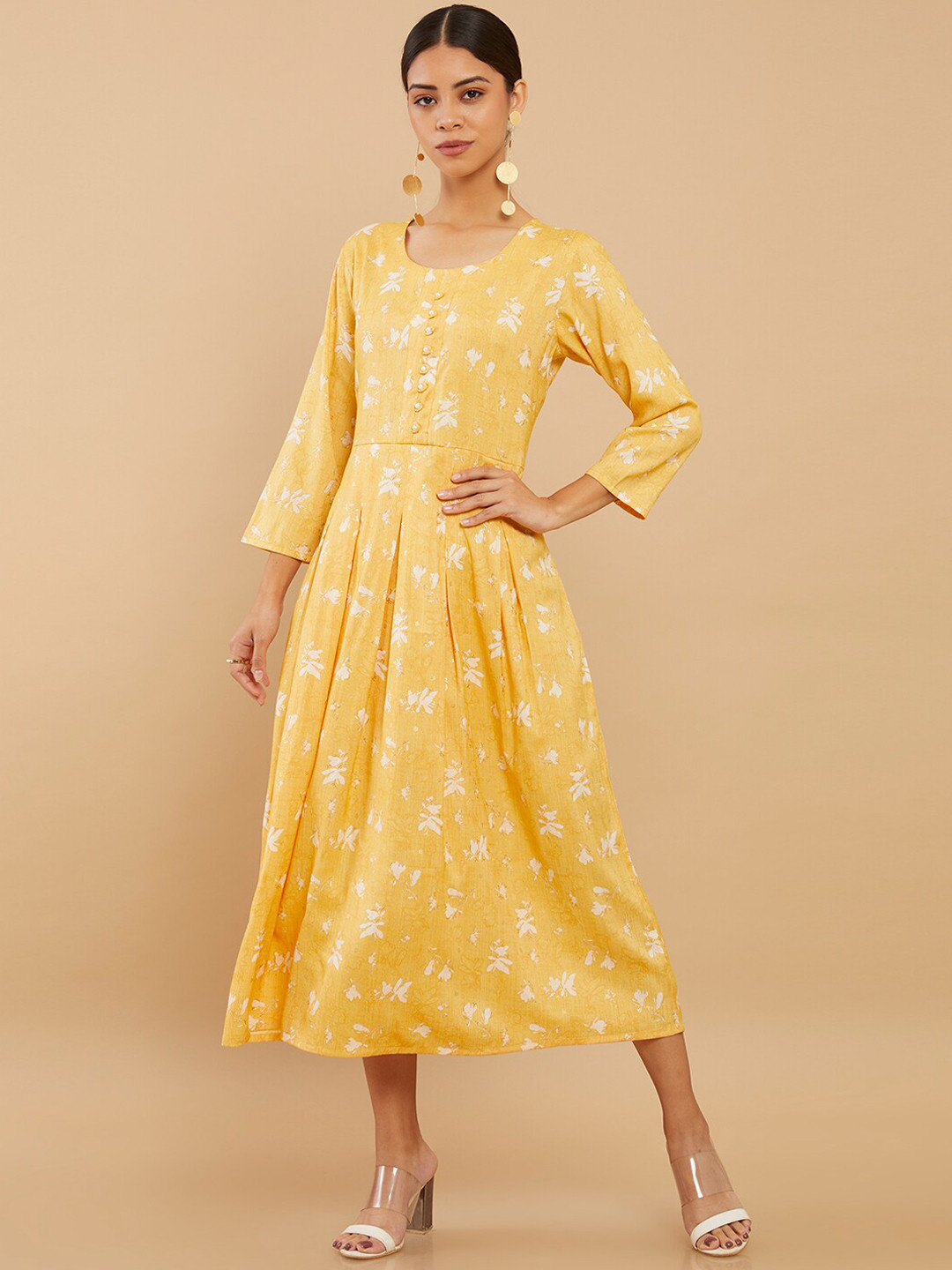 

Soch Women Yellow Floral Printed Fit and Flare Ethnic dress, Mustard