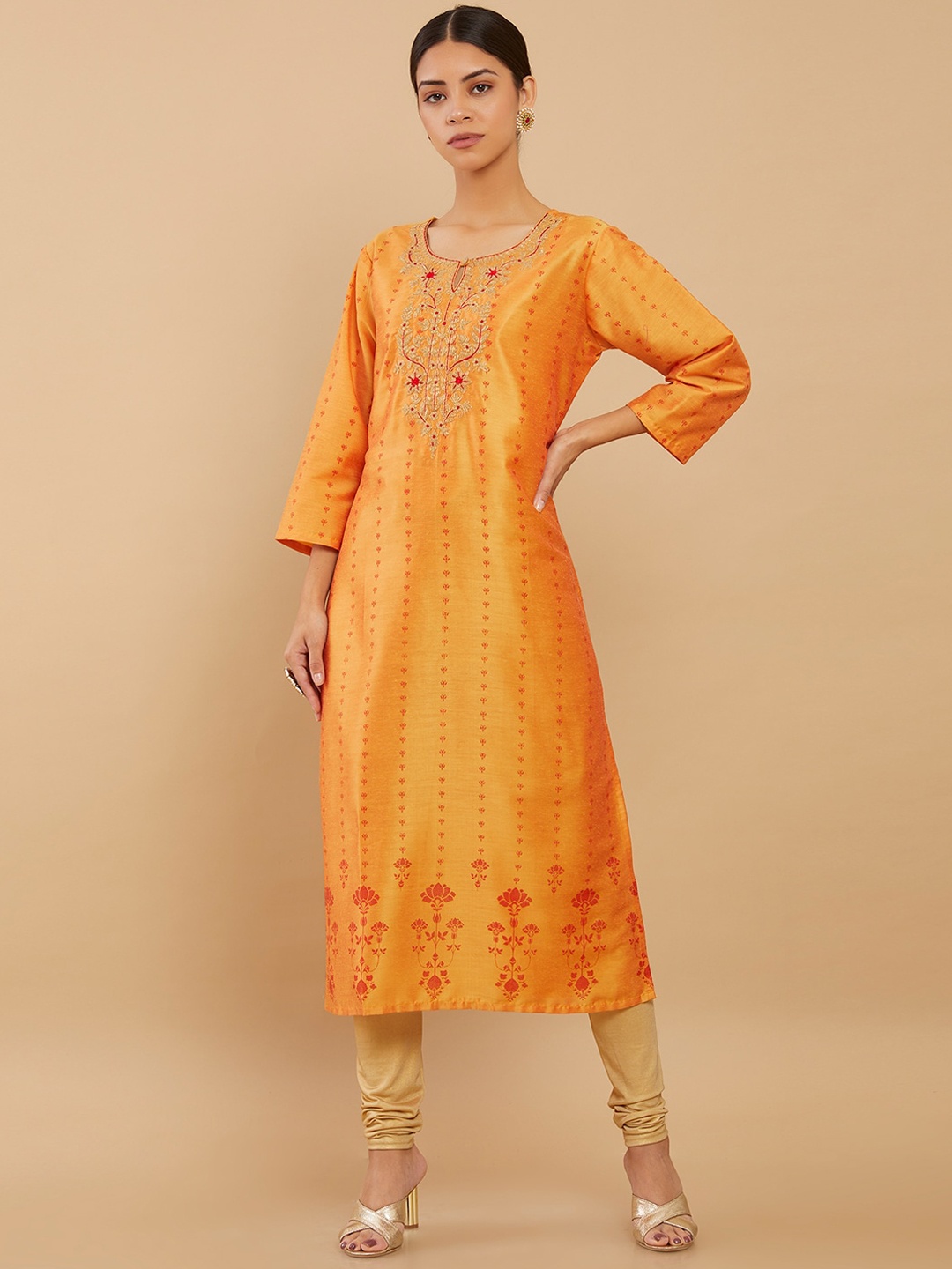 

Soch Women Orange Embroidered Thread Work Kurta
