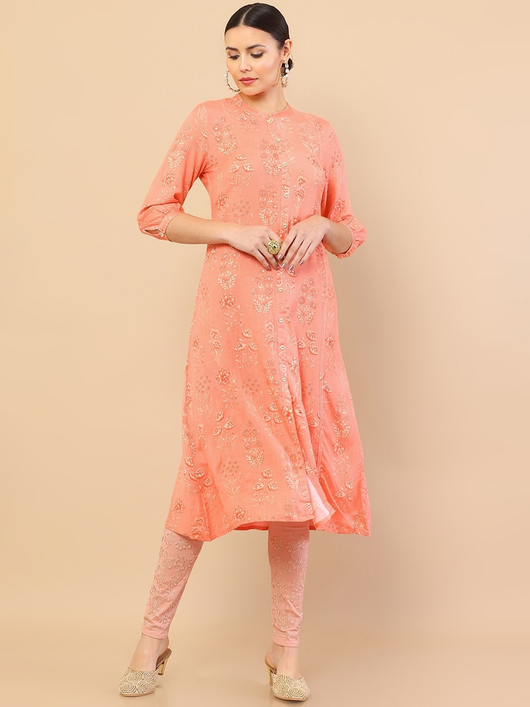 

Soch Women Peach-Coloured Floral Printed Thread Work Front Slit A-Line Kurta
