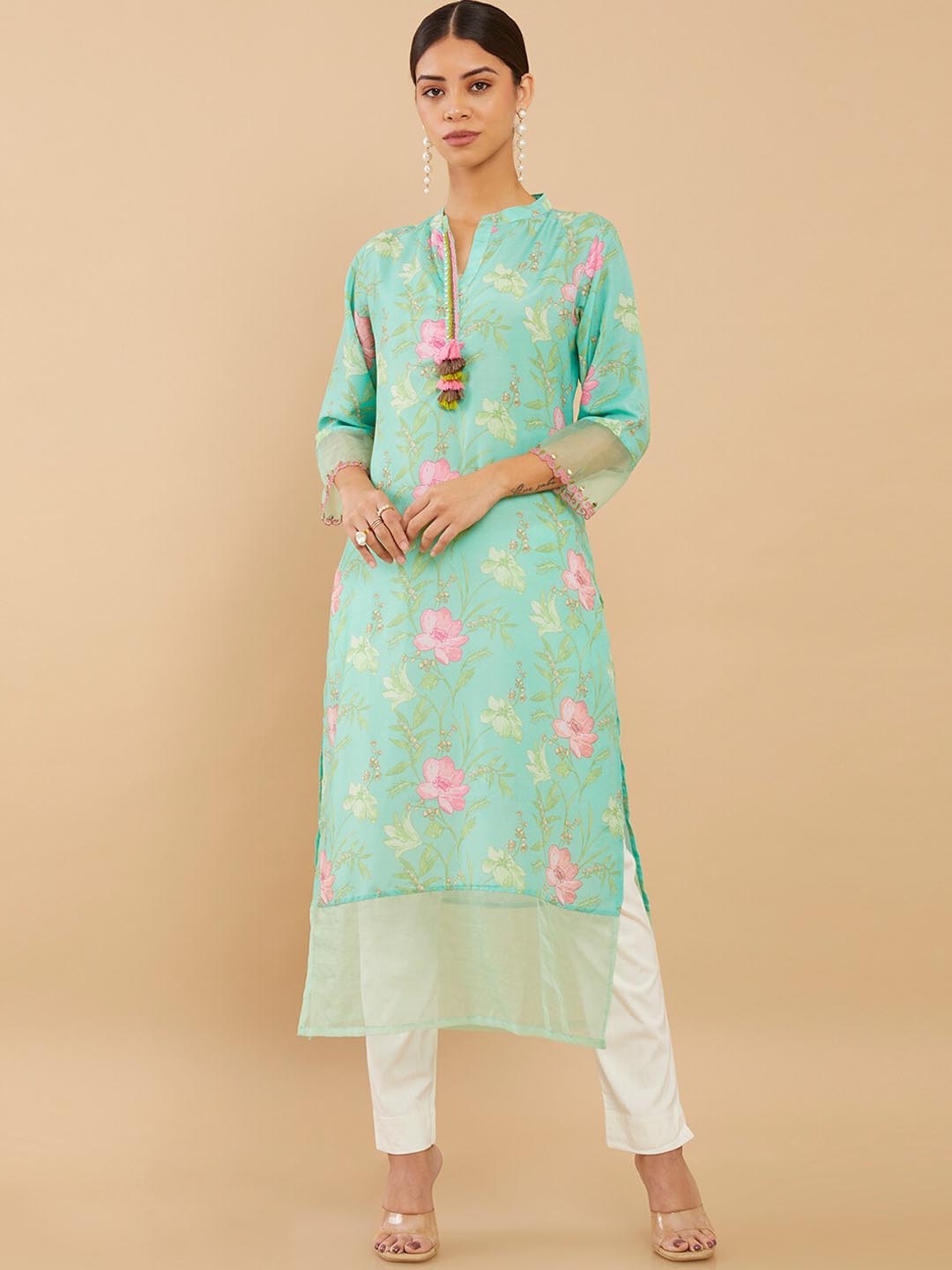 

Soch Women Green Floral Printed Thread Work Crepe Kurta