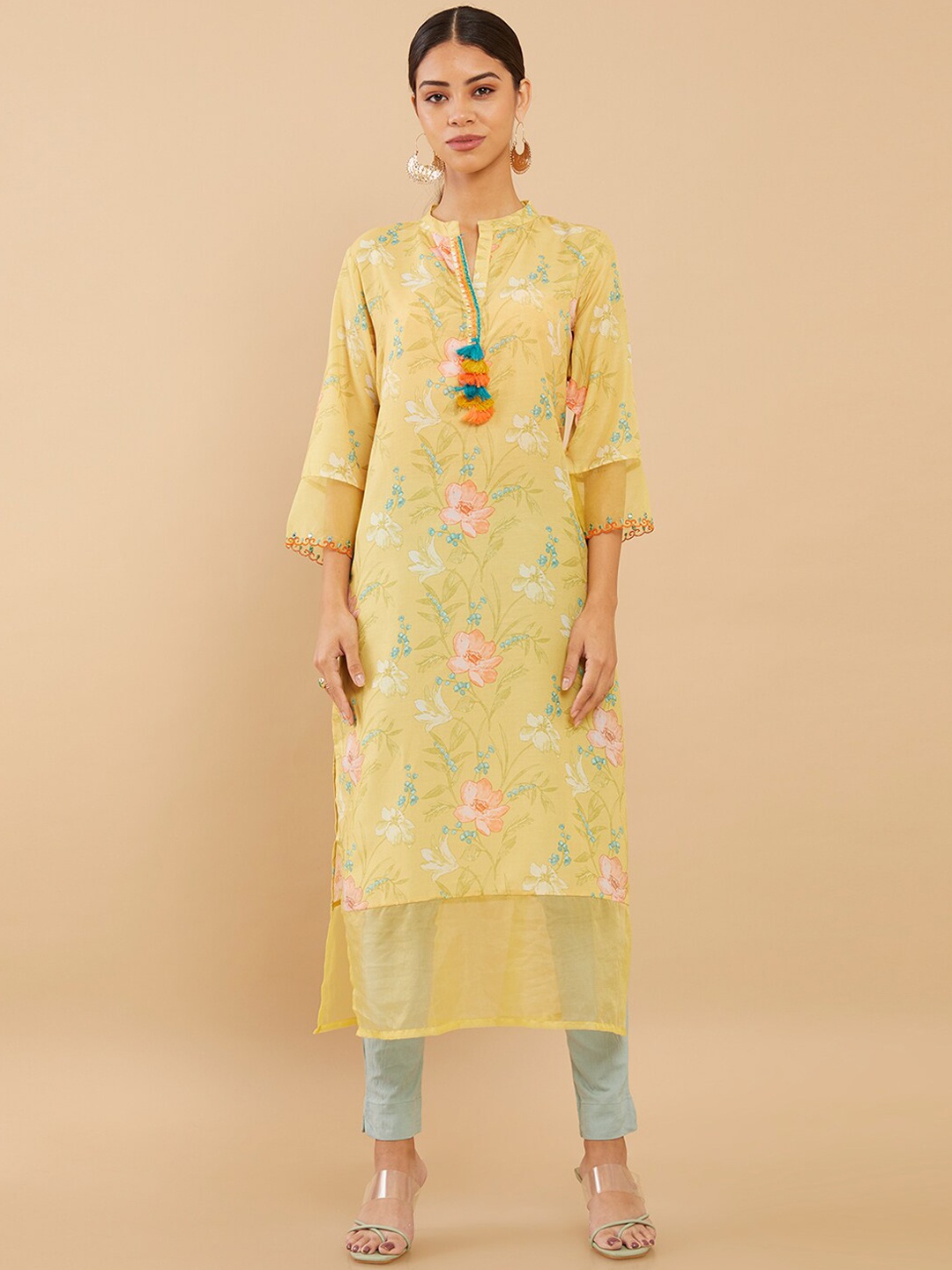 

Soch Women Mustard Yellow Floral Printed Flared Sleeves Crepe Kurta