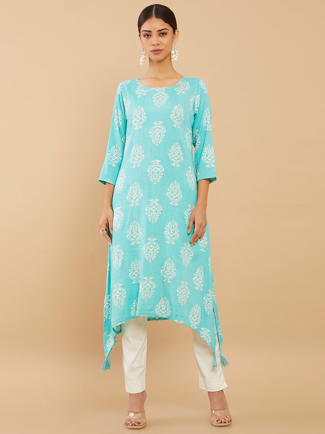 

Soch Women Turquoise Blue Printed Viscose Rayon Kurta