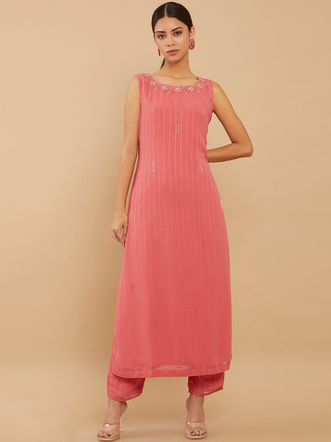 

Soch Women Pink Striped Silk Georgette Kurta with Trousers