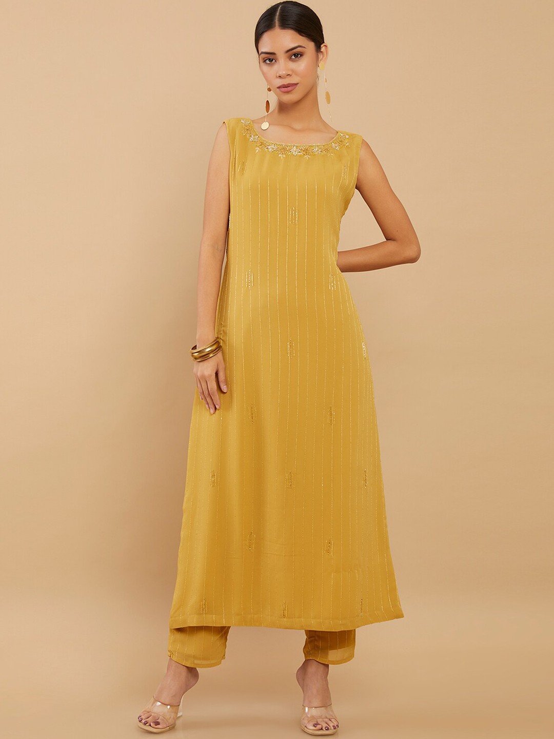 

Soch Women Mustard Yellow Striped Silk Georgette Kurta with Trousers