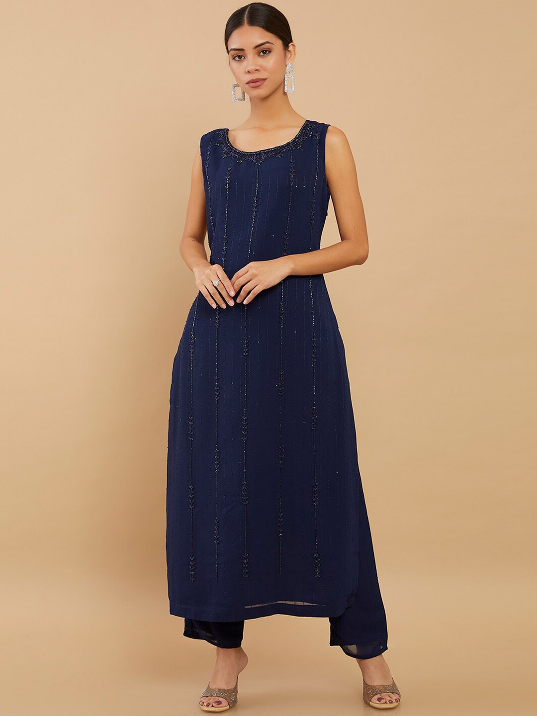 

Soch Women Navy Blue Striped Silk Georgette Kurta with Trousers