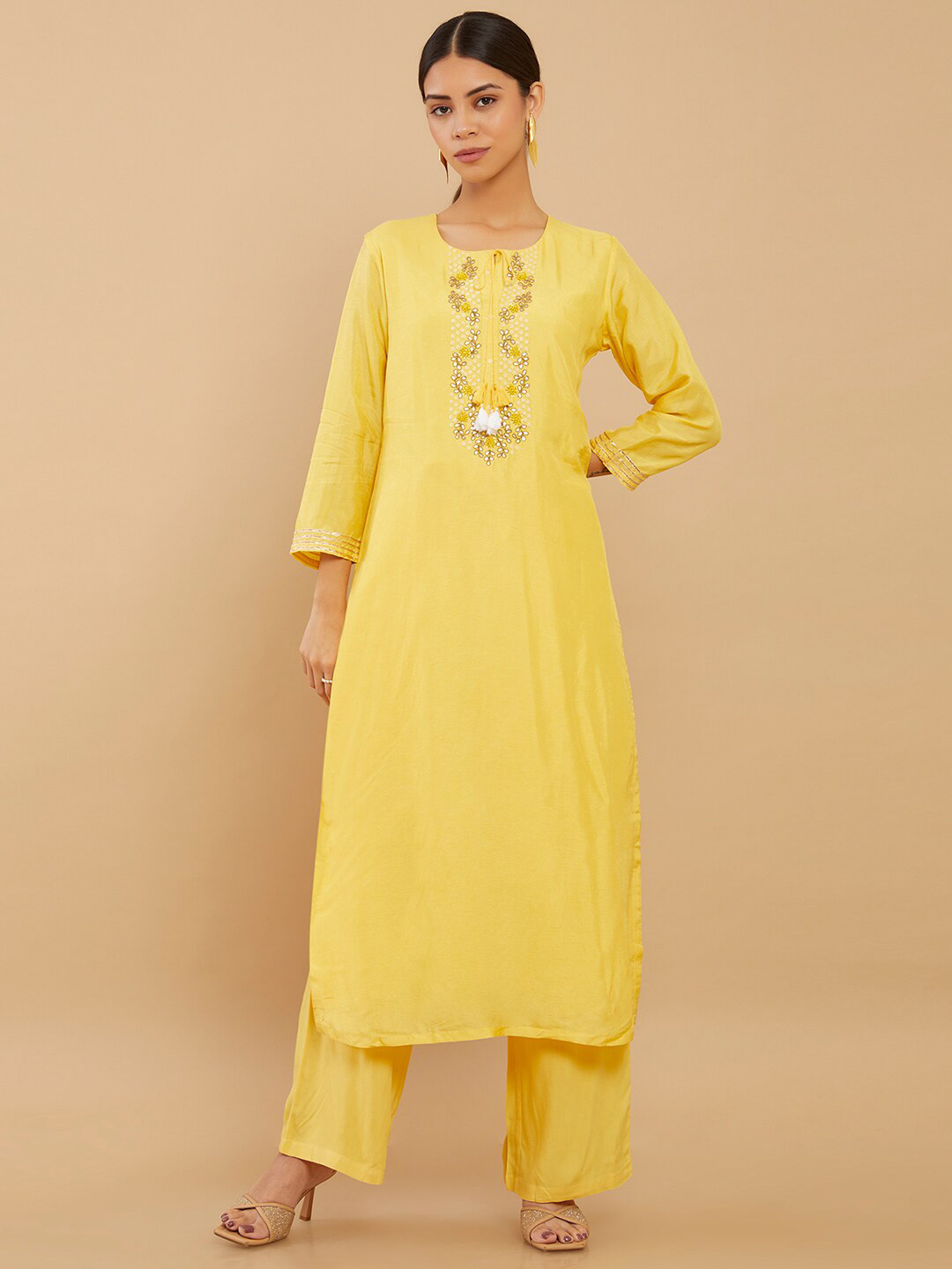 

Soch Women Yellow Embroidered Silk Crepe Kurta with Trousers